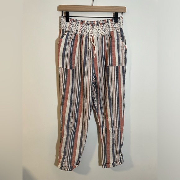 Rewash Smocked Waist Striped Linen Blend Comfy Pants Lightweight Boho Size Large - Picture 1 of 11